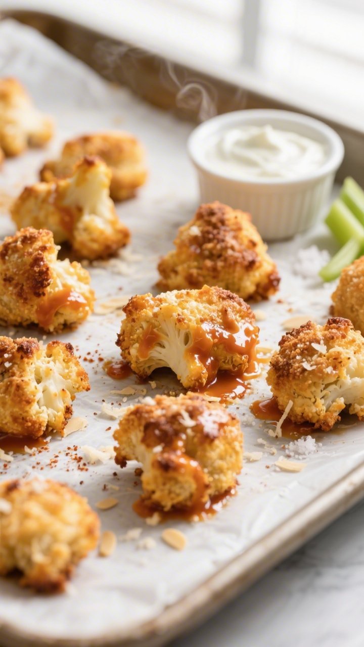 Close-up detail shot: Golden, oven-baked keto buffalo cauliflower bites just out of the oven, crisp 