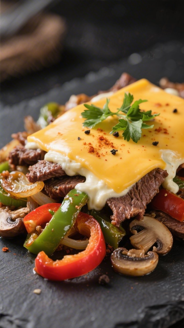 Close-up detail shot: Melted provolone blanketing tender strips of slow-cooked beef with sautéed gr
