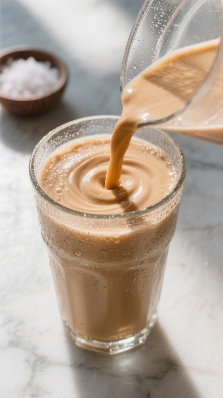 Close-up detail shot of a freshly blended Keto Salted Caramel Smoothie mid-pour into a chilled clear