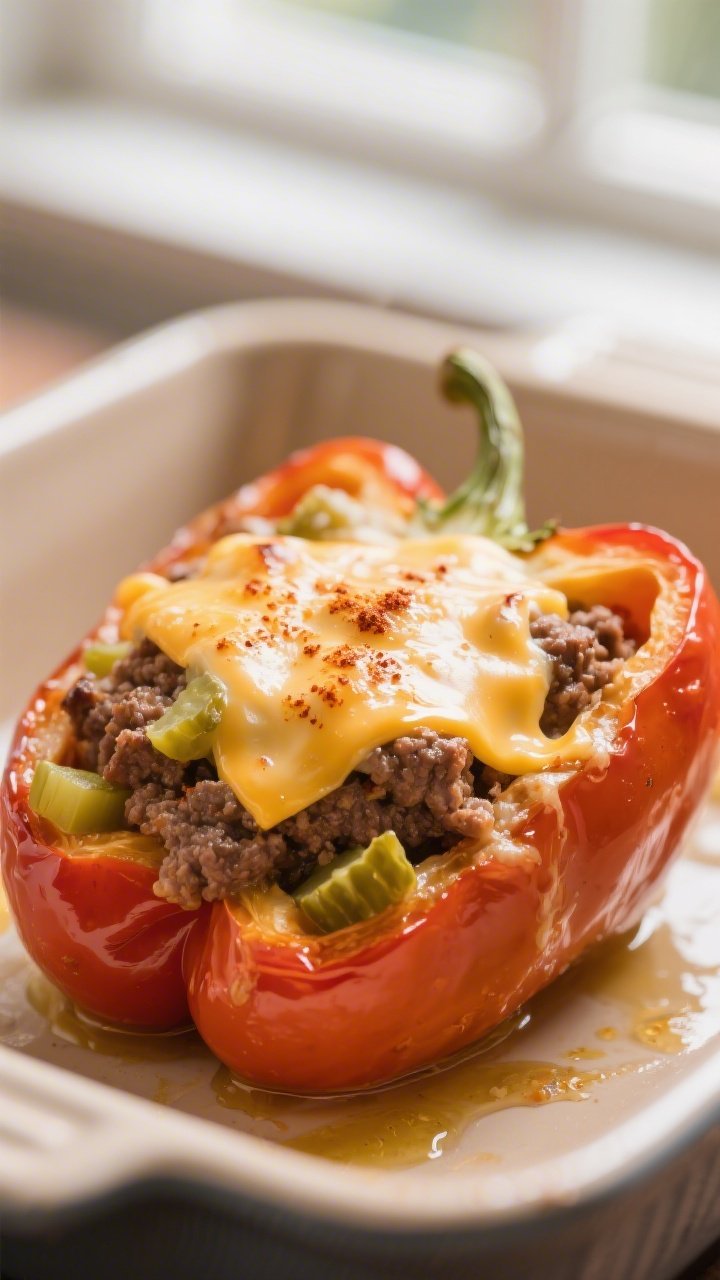 Close-up detail shot of a halved bell pepper just pulled from the oven, stuffed with creamy ground b