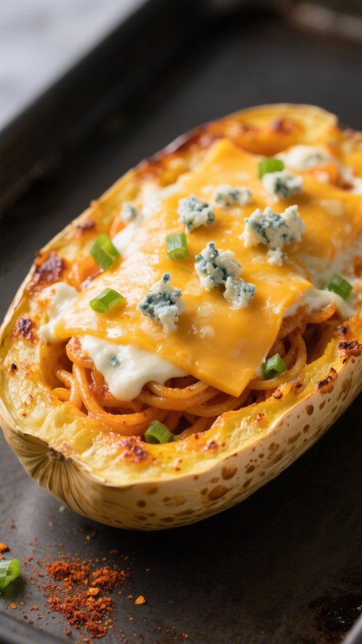 Close-up detail shot of a just-broiled Keto Buffalo Ranch Spaghetti Squash boat, cheese layer bubbli