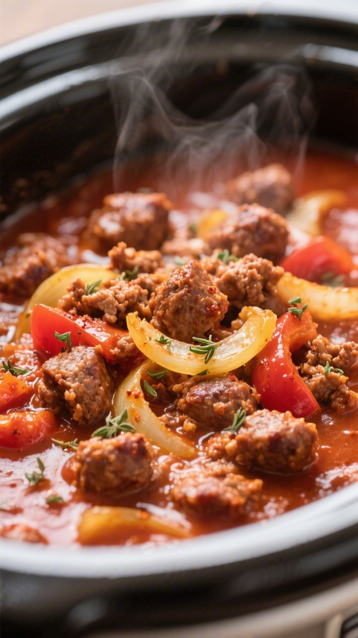 Close-up detail shot of browned spicy Italian sausage crumbles simmering in a rich tomato sauce insi