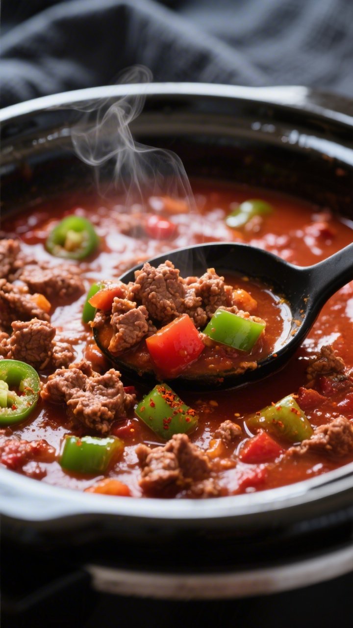 Close-up detail shot of keto crockpot spicy chili just after slow-cooking: glossy, richly red-brown 