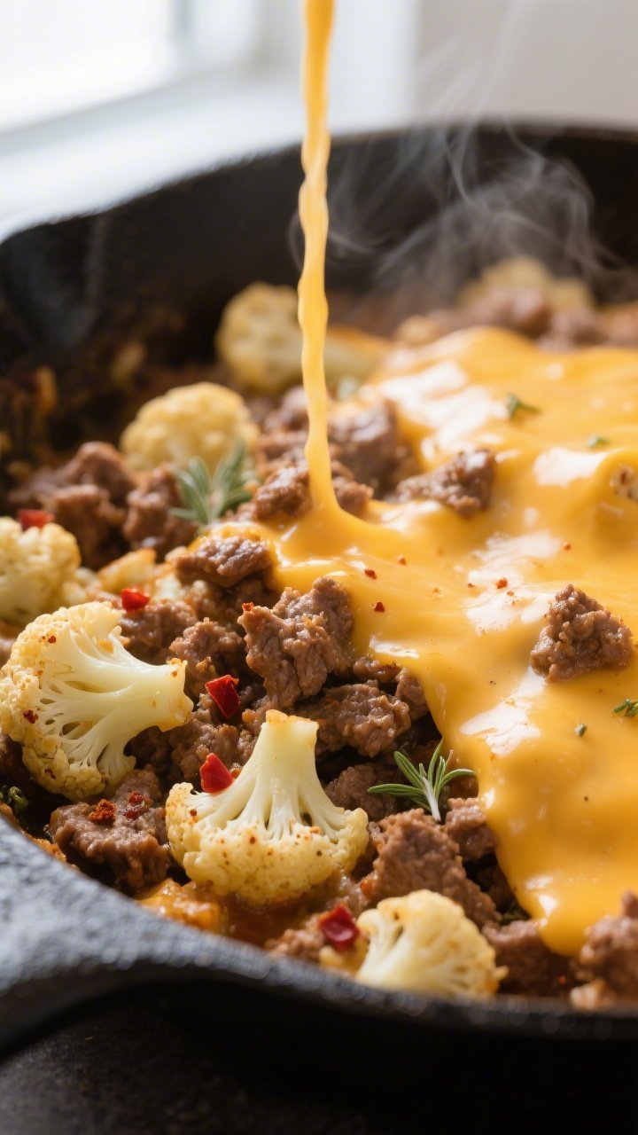 Close-up detail shot of the cheesy cauliflower and ground beef mixture right after stirring in the f