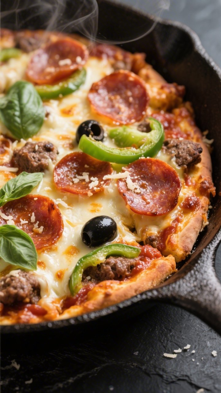 Close-up detail shot of the Keto Hamburger Pizza Skillet just after broiling: gooey, browned mozzare