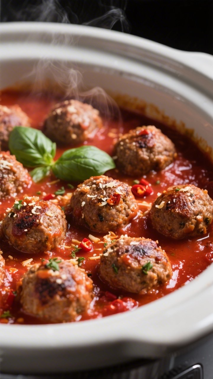 Close-up detail shot: Seared keto Italian meatballs nestled in a simmering bright red no-sugar-added
