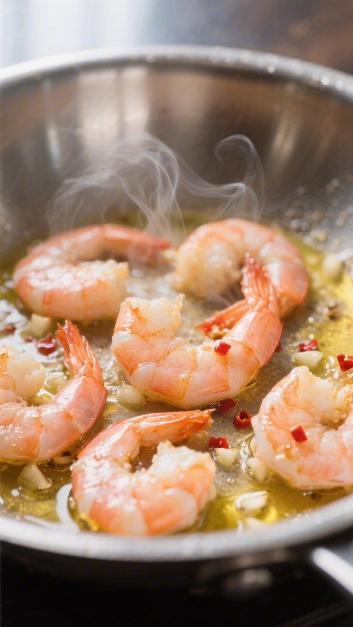 Close-up detail shot: Searing large shrimp in a stainless-steel skillet, just-turned pink and opaque
