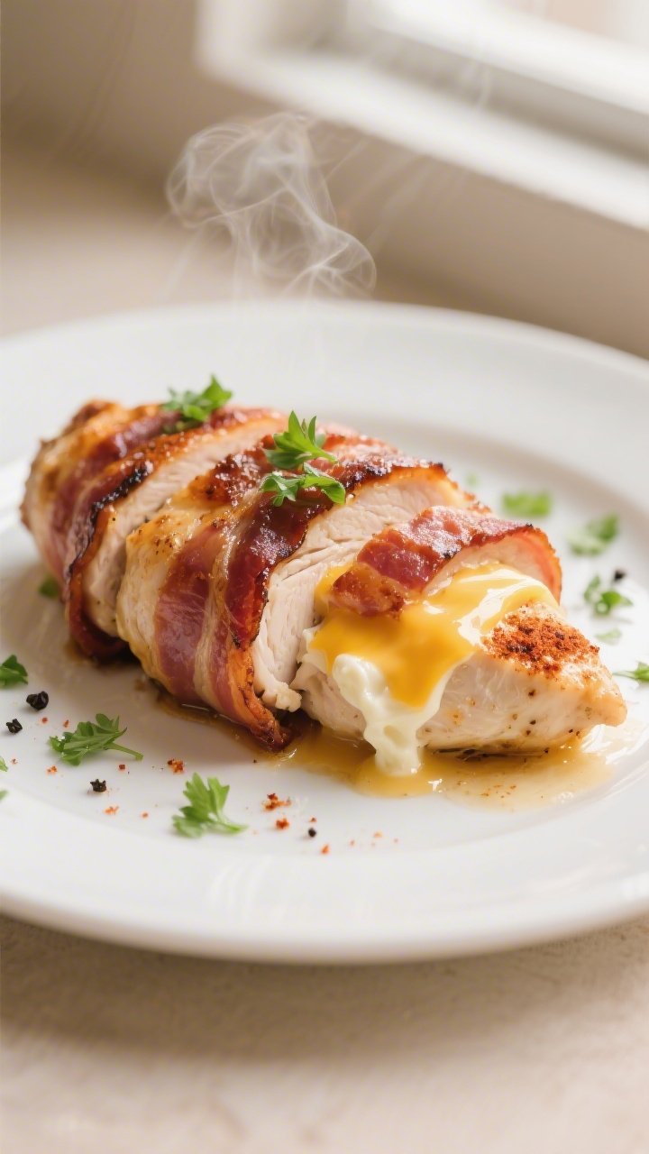 Close-up detail shot: Sliced bacon-wrapped chicken breast just after resting, showing ultra-juicy in