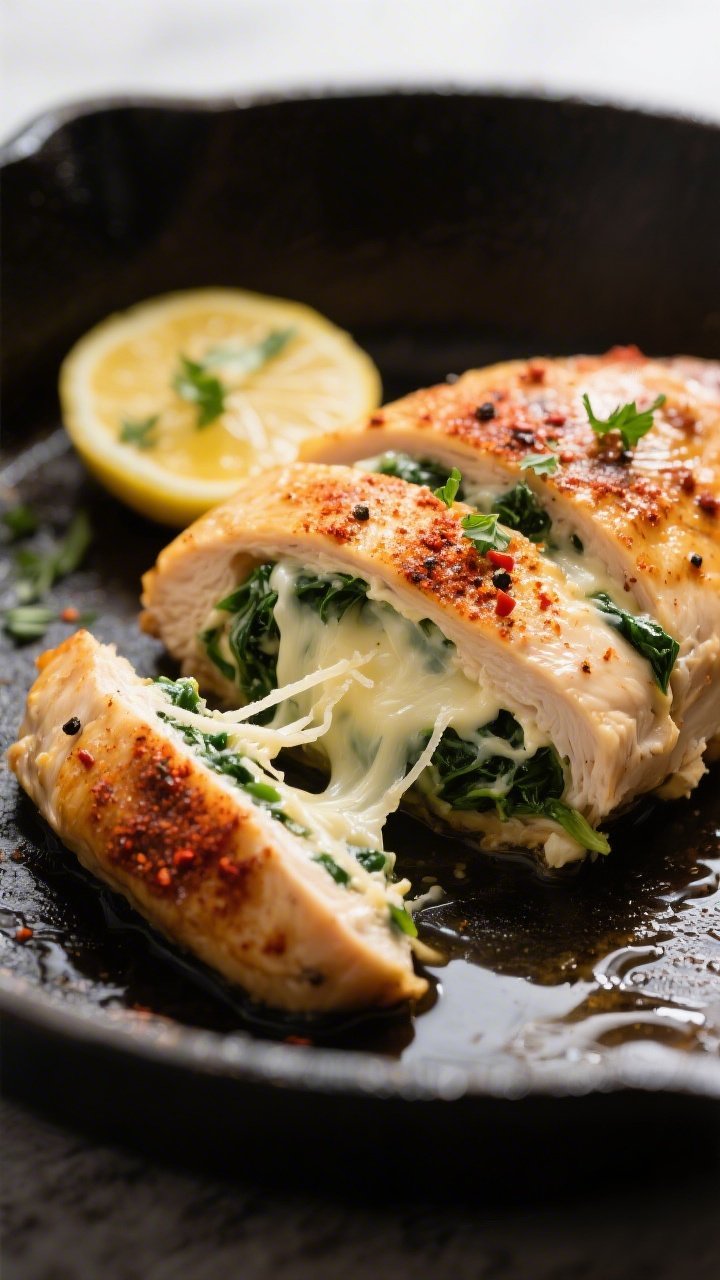 Close-up detail shot: Sliced creamy spinach stuffed chicken breast just out of the oven, showing the