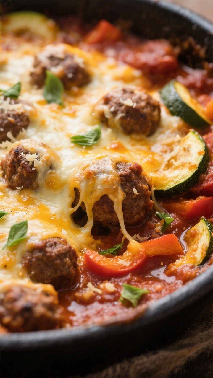 Close-up detail shot: Slow cooker keto meatball casserole just after the cheese melt—golden, bubbl