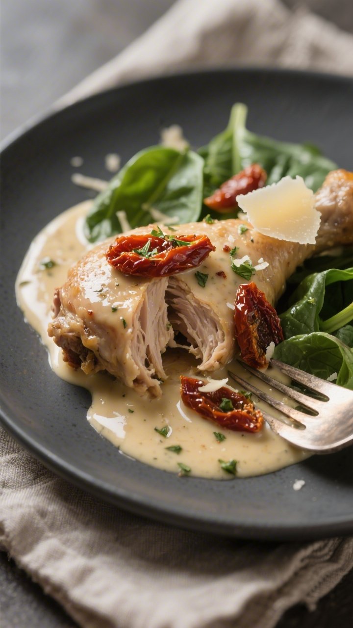 Close-up detail shot: Tender slow-cooked chicken thigh pulled apart with a fork, cloaked in a silky,