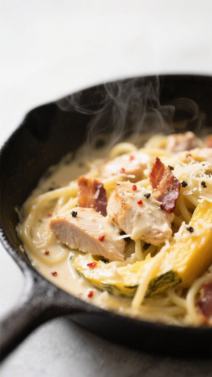 Close-up detail: Silky Alfredo-coated spaghetti squash strands being gently folded with juicy seared
