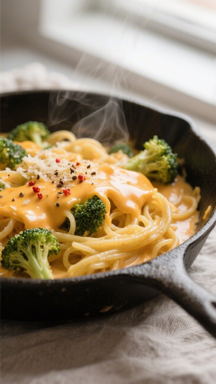 Close-up detail: Silky cheddar cream sauce clinging to tender spaghetti squash strands and crisp-ten