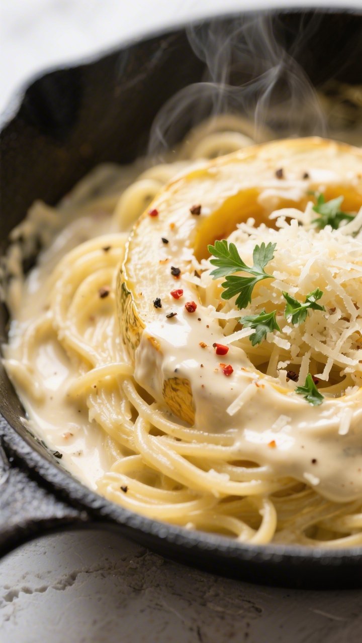 Close-up detail: Silky keto Alfredo sauce clinging to twirled strands of roasted spaghetti squash in