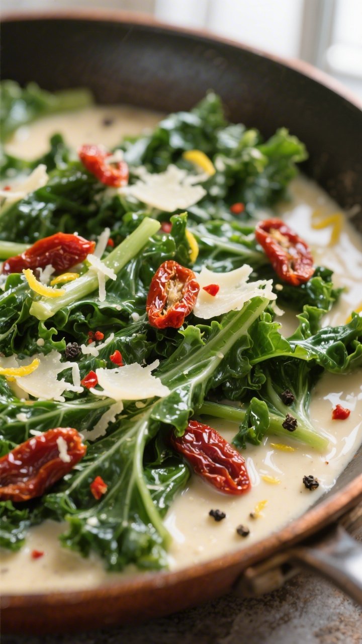 Close-up detail: Silky ribbons of sautéed Tuscan kale bathed in glossy cream sauce, sun-dried tomat