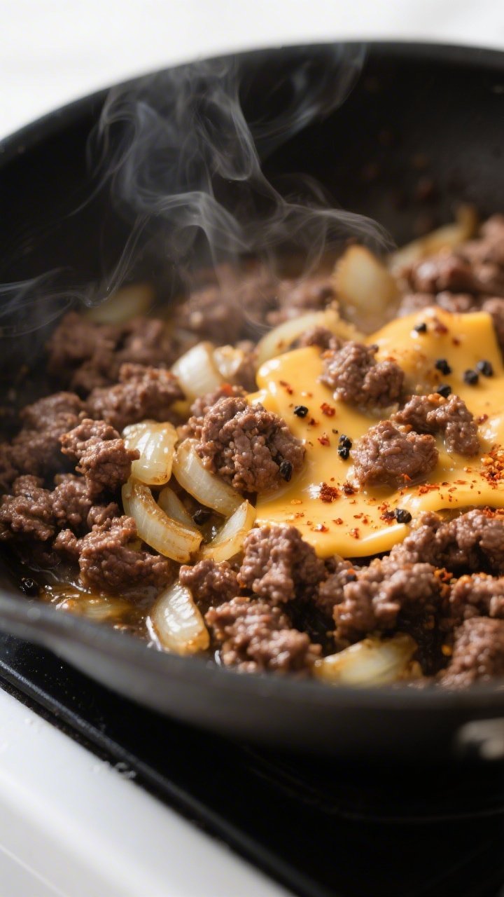Close-up detail: Sizzling browned ground beef with softened onions and garlic in a skillet right aft