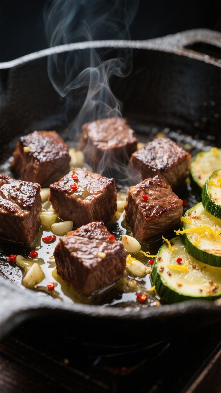 Close-up detail: Sizzling garlic butter steak bites in a cast-iron skillet mid-cook, showing a deep 