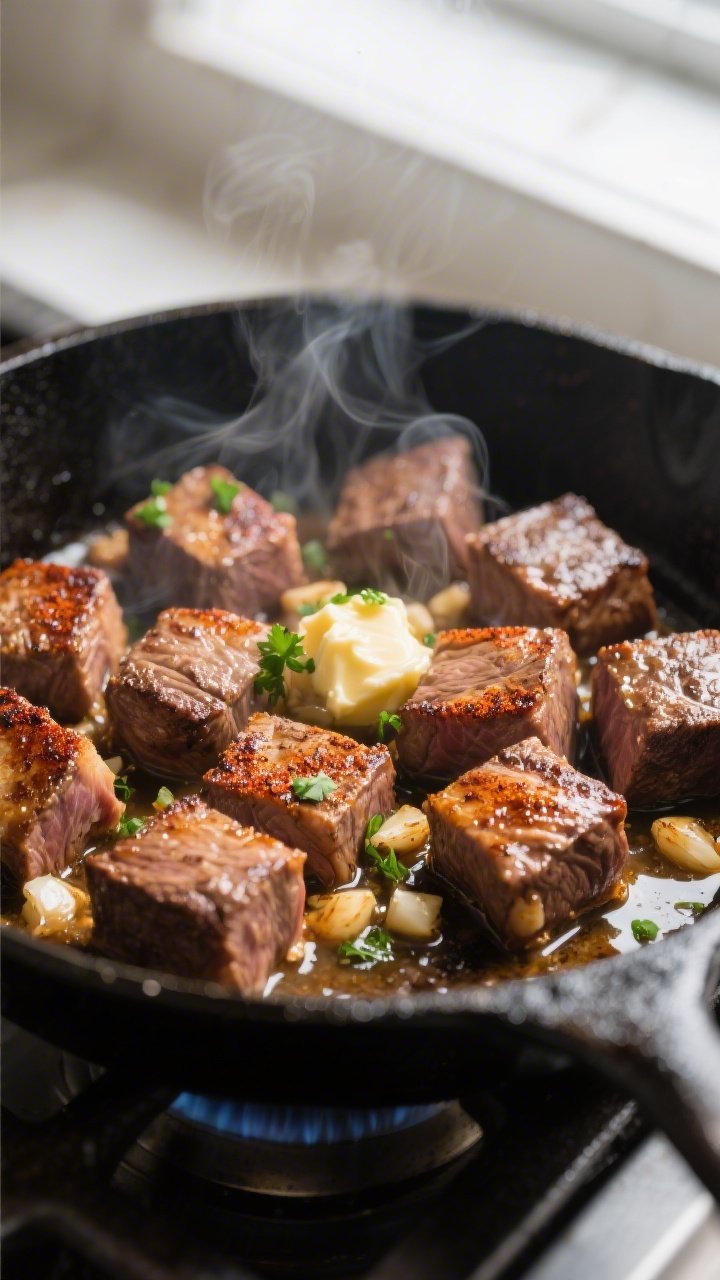 Close-up detail: Sizzling garlic butter steak bites mid-cook in a black cast-iron skillet, golden-br