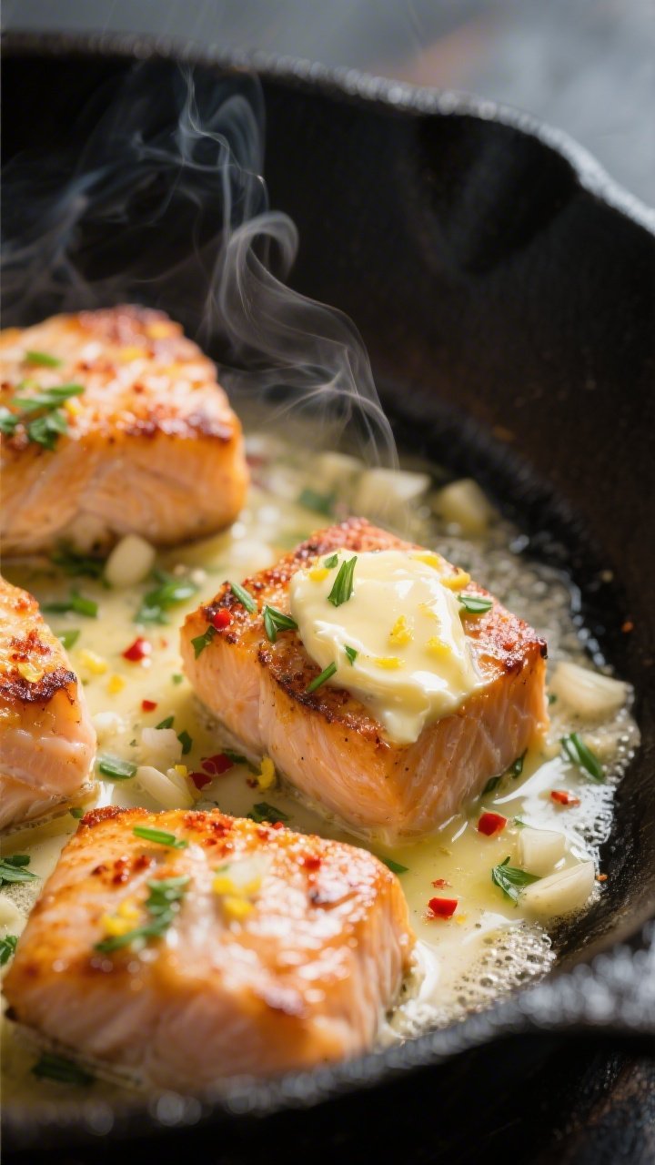Close-up detail: Sizzling garlic herb butter salmon bites mid-cook in a black cast-iron skillet; gol