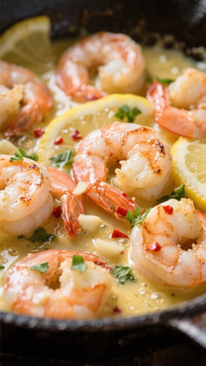 Close-up detail: Sizzling garlic shrimp in a glossy lemon-butter sauce in a skillet, shrimp just opa