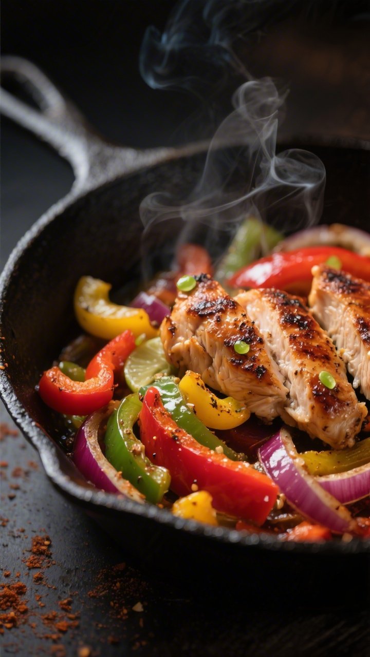 Close-up detail: Sizzling keto chicken fajitas in a cast-iron skillet, showing browned, juicy chicke