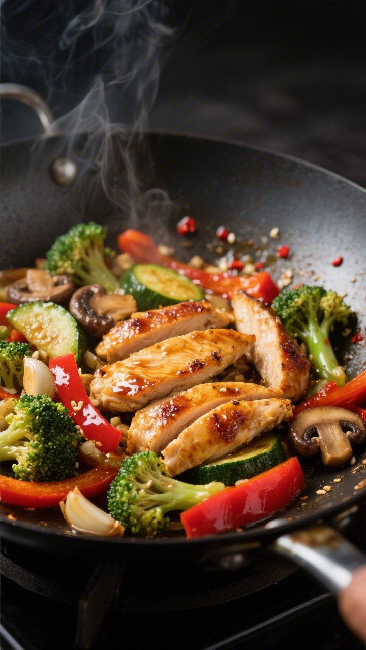 Close-up detail: Sizzling keto chicken stir fry in a carbon steel wok mid-cook, showing golden-brown