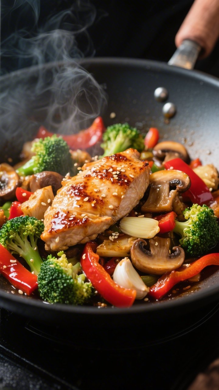 Close-up detail: Sizzling keto chicken stir fry mid-cook in a hot wok, showing caramelized, seared s