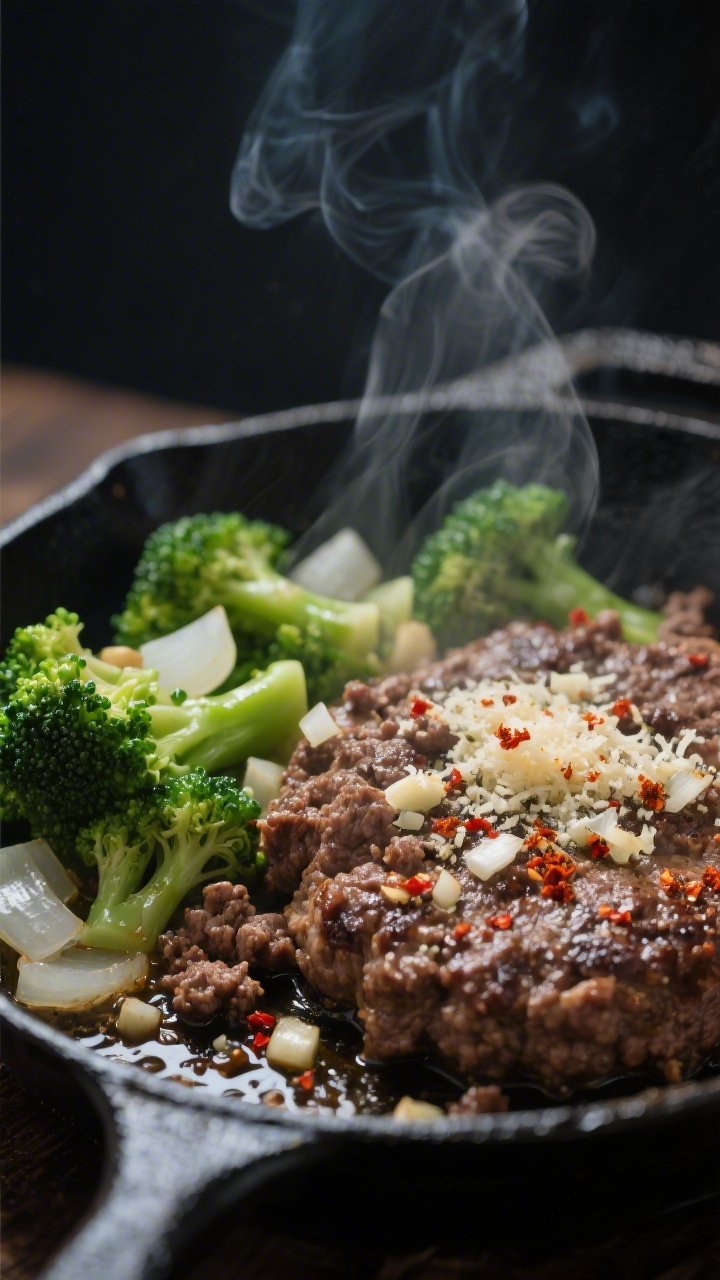 Close-up detail: Sizzling keto garlic Parmesan hamburger skillet mid-cook, browned crumbled beef nes
