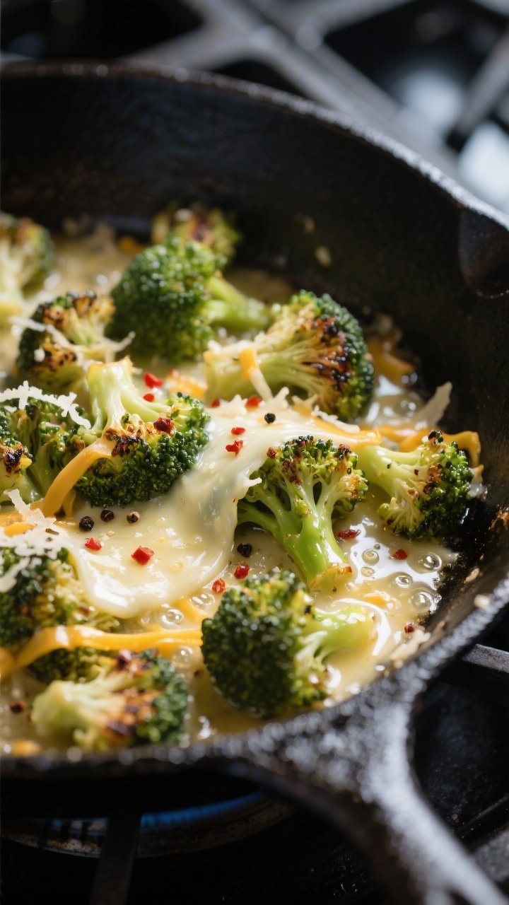 Close-up detail: Sizzling skillet of tender-crisp broccoli florets coated in glossy garlic-butter sa