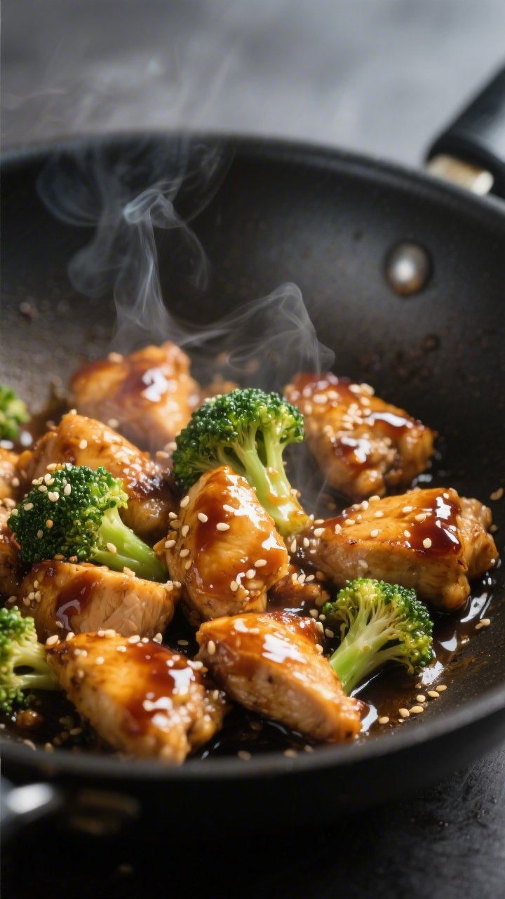 Close-up detail: Sizzling teriyaki chicken bites in a wok just after the slurry thickens—glossy, l