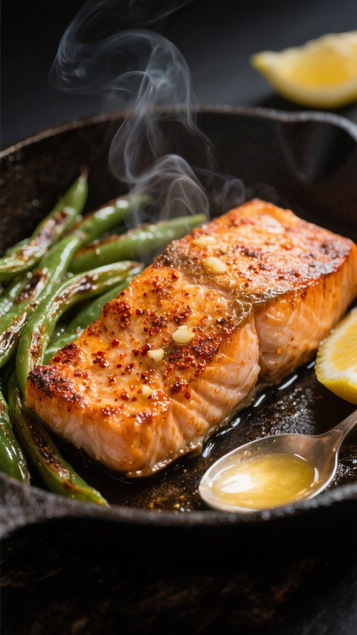 Close-up detail: Skin-on salmon fillet just flipped in a hot cast-iron skillet, showing a deeply gol