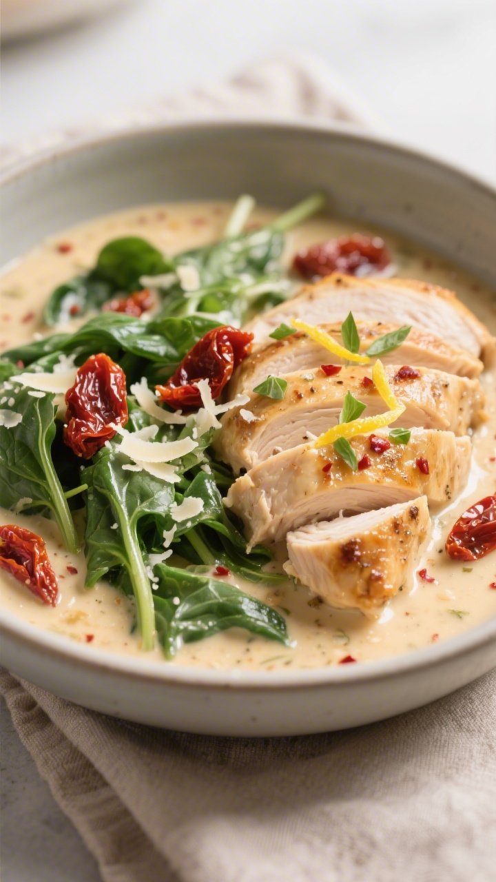 Close-up detail: Sliced crockpot-cooked Tuscan chicken nestled in a silky garlic-parmesan cream sauc