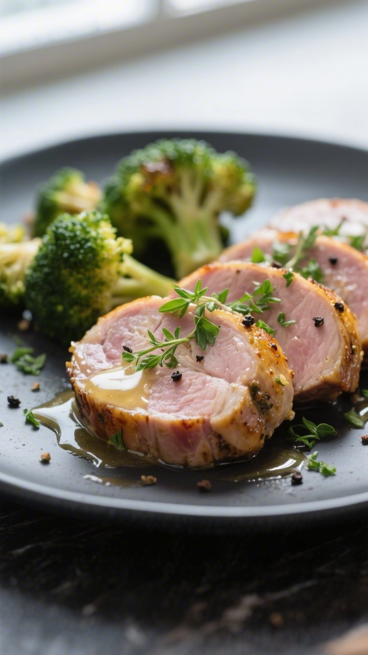 Close-up detail: Sliced garlic-herb pork tenderloin medallions showing a faint blush center and glis