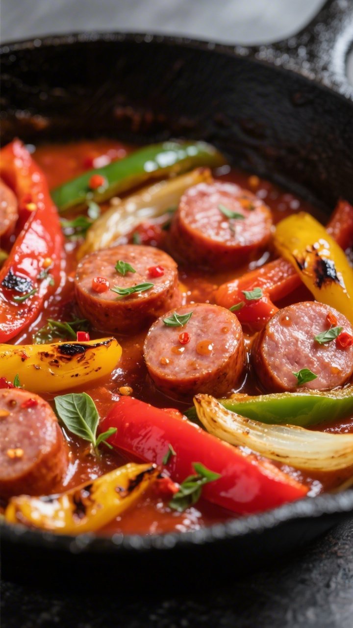 Close-up detail: Sliced Italian sausage rounds nestled among blistered red, yellow, and green bell p