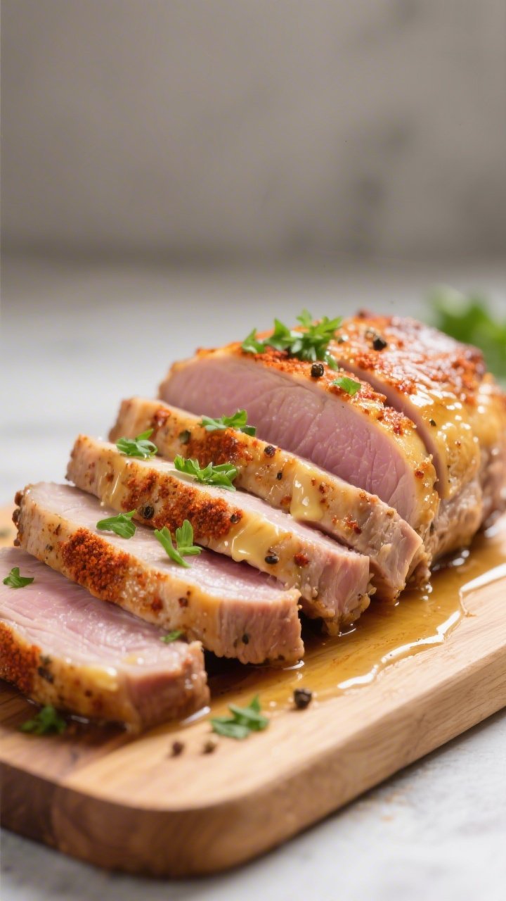 Close-up detail: Sliced keto crockpot ranch pork loin fanned on a wooden cutting board, each 1/2-inc