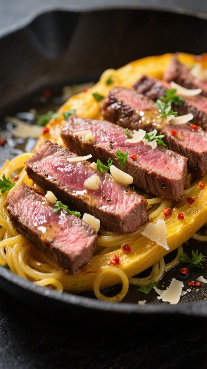 Close-up detail: Sliced medium-rare steak strips glistening in garlic butter, nestled over golden, r