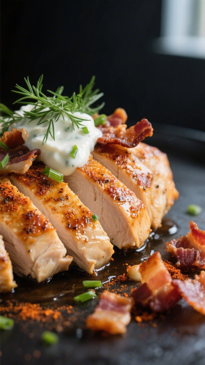 Close-up detail: Sliced, pan-seared chicken breast seasoned with garlic, onion powder, and smoked pa