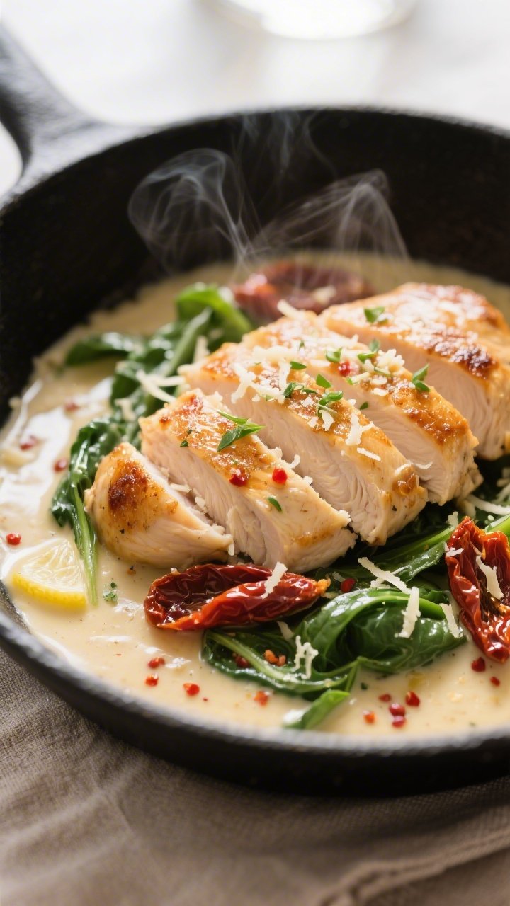 Close-up detail: Sliced seared chicken breast nestled in a silky garlic-Parmesan cream sauce with ri