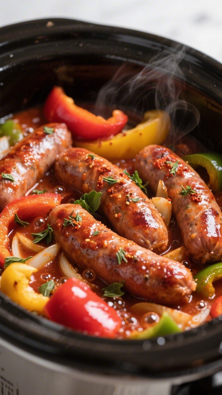 Close-up detail: Slow cooker Italian sausage links nestled in tender, saucy bell peppers and onions