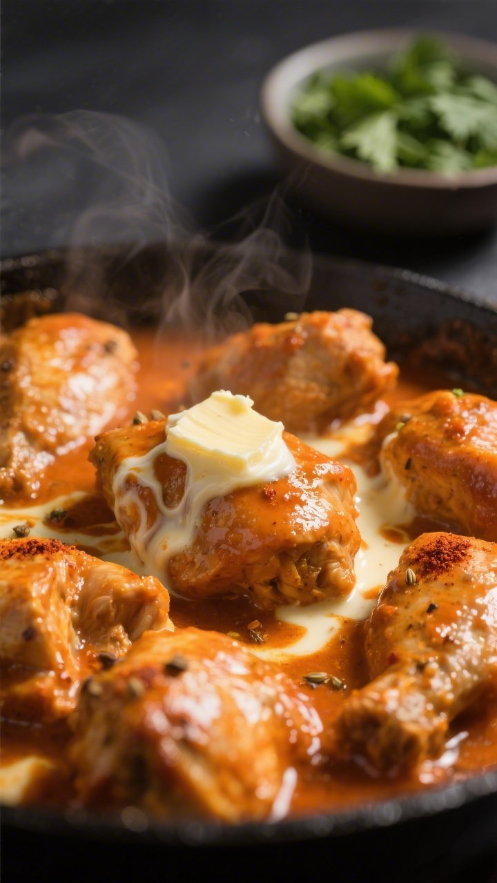 Close-up detail: Slow cooker keto butter chicken just after finishing with butter and heavy cream, s