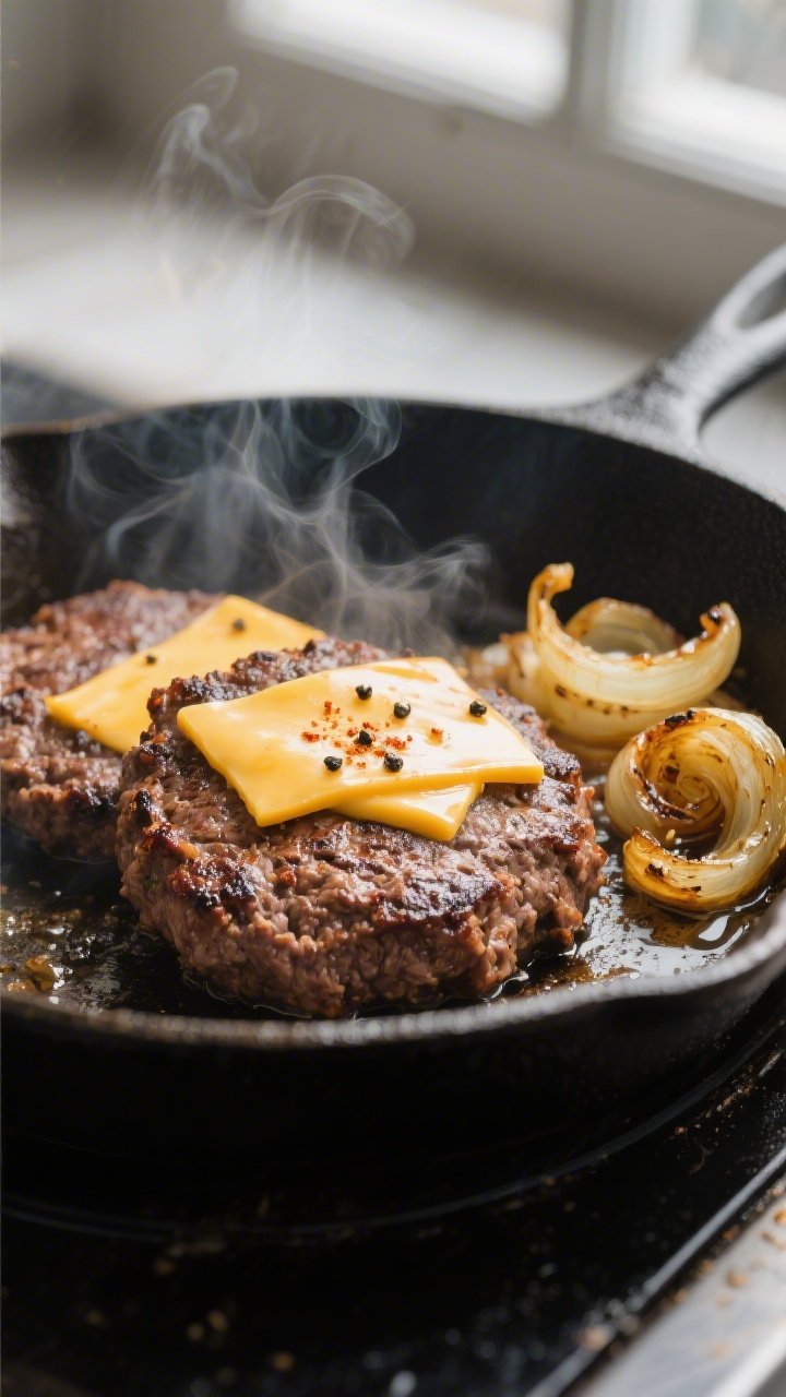 Close-up detail: Smashed beef patties sizzling in a cast-iron skillet right after the flip, cheese s