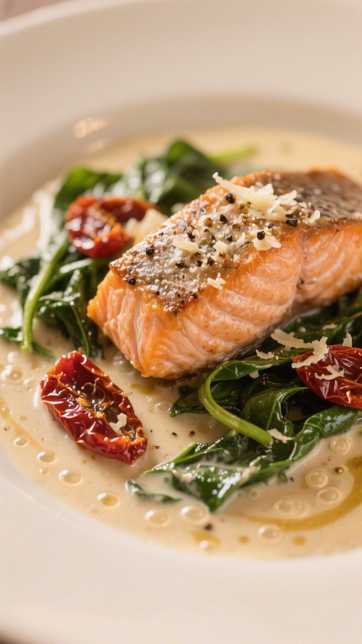 Close-up detail: Tender, flaky slow-cooked salmon fillet nestled in a creamy Tuscan sauce, with ribb