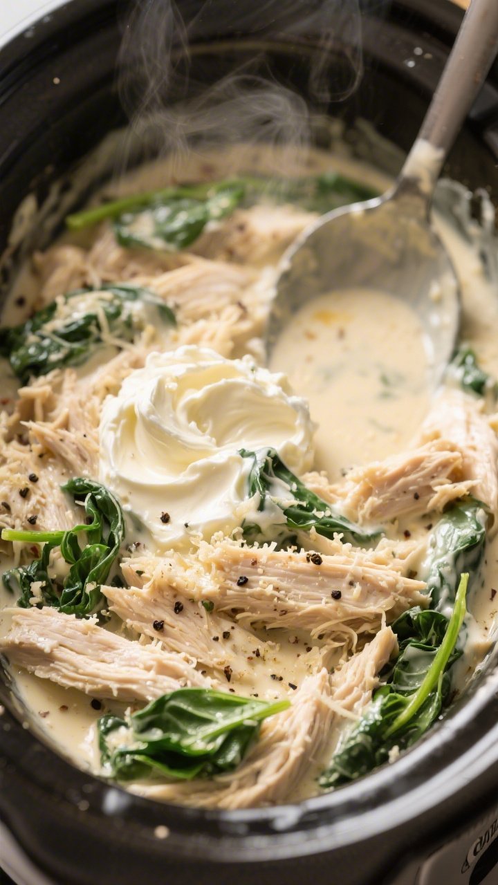 Close-up detail: Tender shredded chicken coated in a velvety creamy garlic-Parmesan sauce inside a c