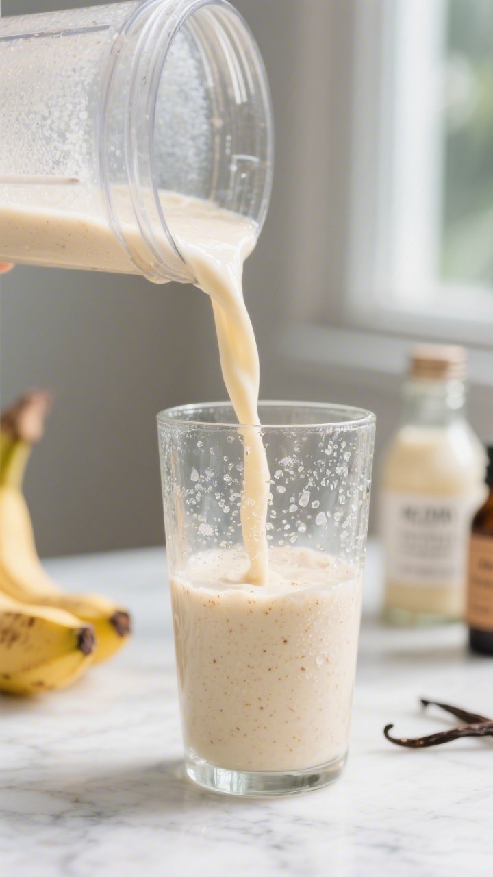 Close-up detail: Thick, creamy keto banana flavor smoothie mid-blend being poured from a frosty blen