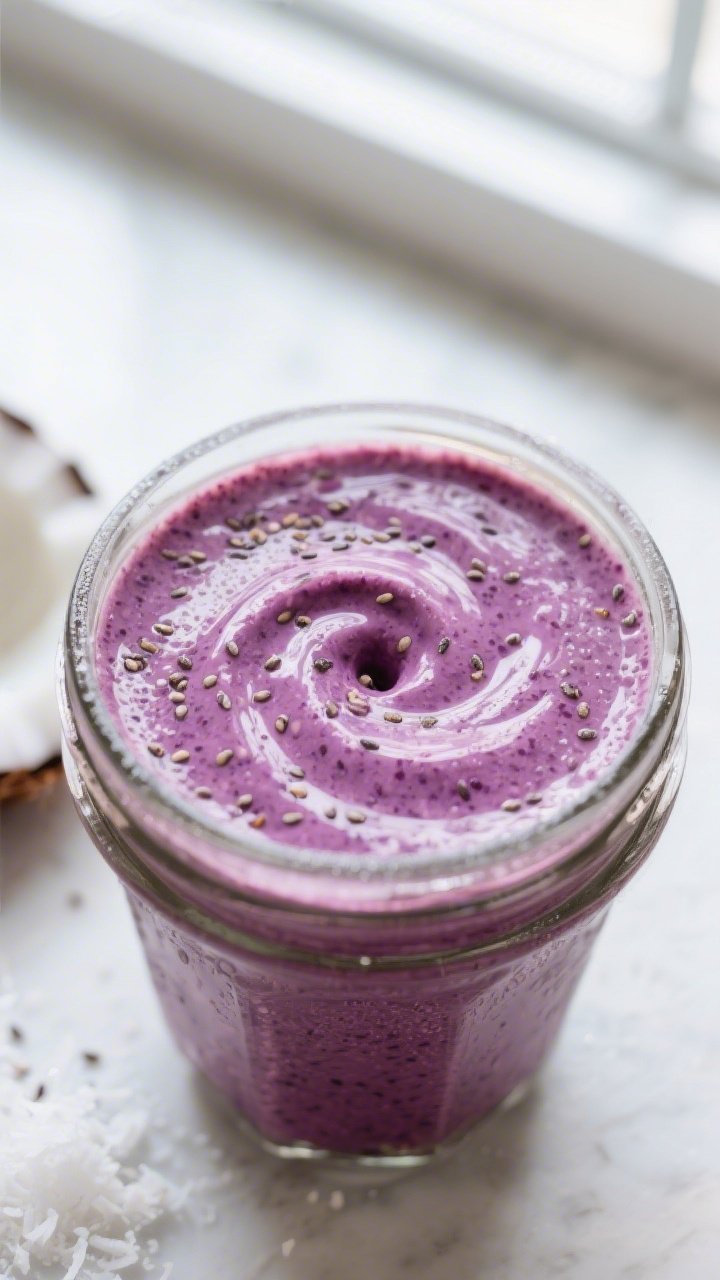 Close-up detail: Thick, creamy keto berry coconut smoothie mid-blend in a high-speed blender, glossy