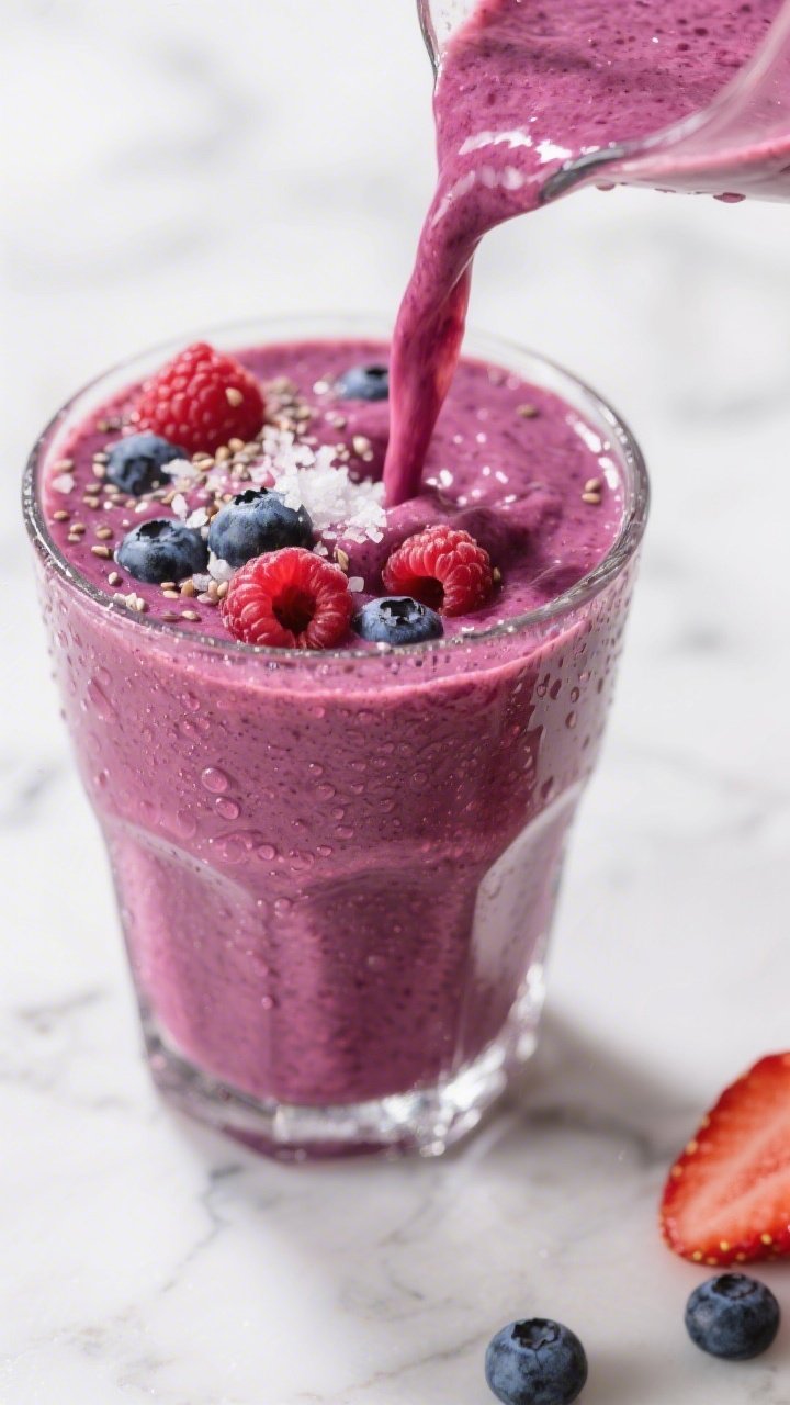 Close-up detail: Thick, creamy keto berry smoothie being poured into a chilled clear glass, ribbons 