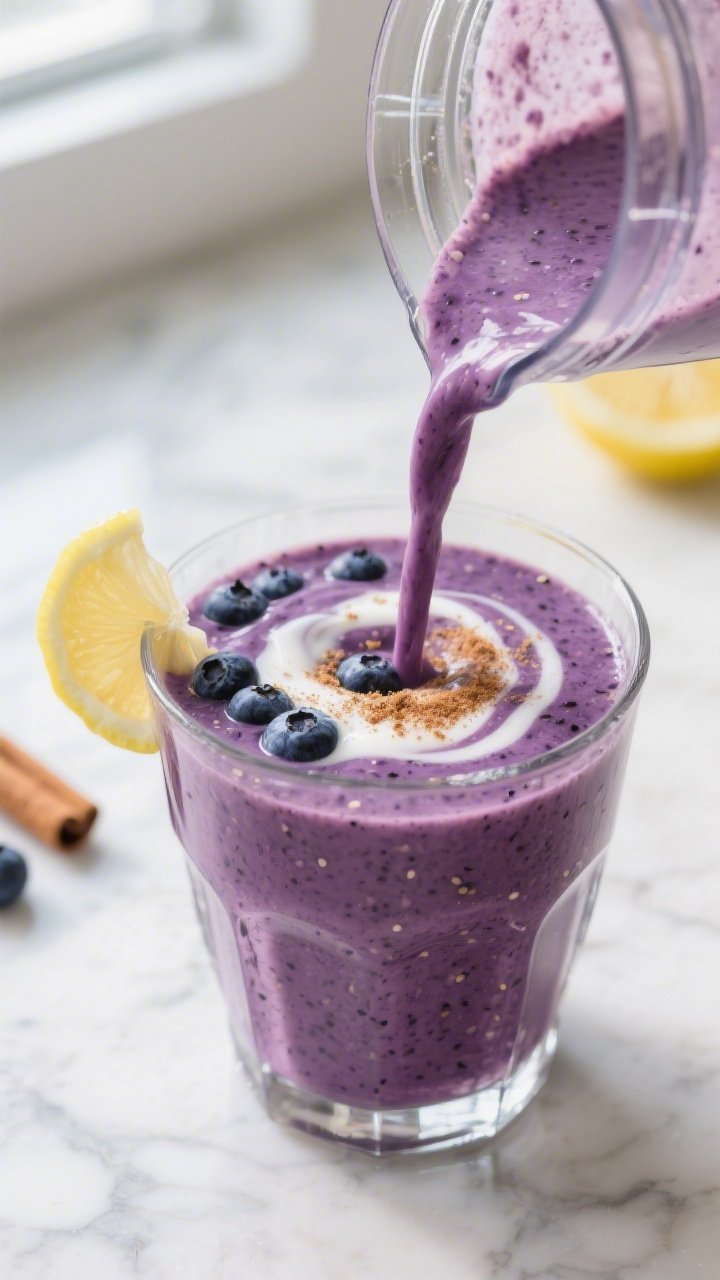 Close-up detail: Thick, creamy keto blueberry smoothie mid-blend being poured from a glass blender j