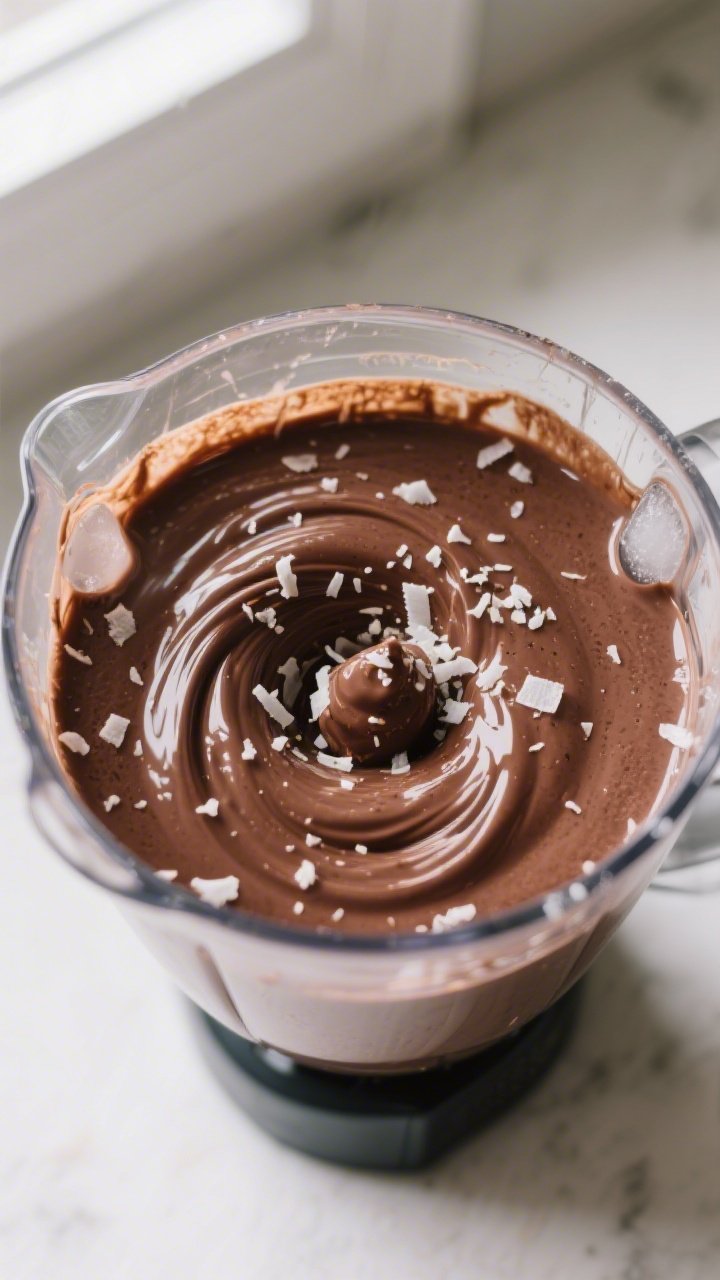 Close-up detail: Thick, creamy keto chocolate coconut smoothie mid-blend in a high-speed blender, gl