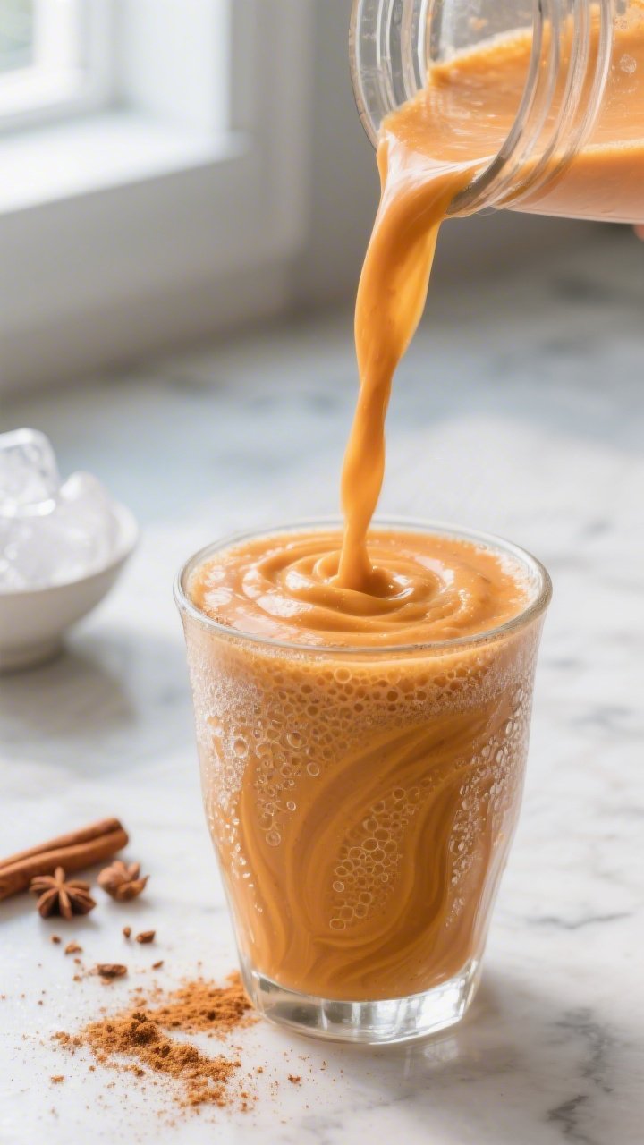 Close-up detail: Thick, creamy keto pumpkin smoothie mid-blend being poured from a glass blender jar