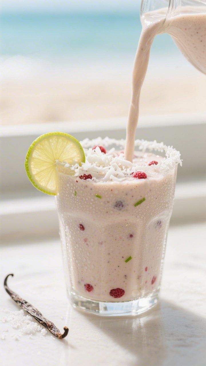 Close-up detail: Thick, creamy keto tropical smoothie mid-pour into a chilled clear glass, silky tex